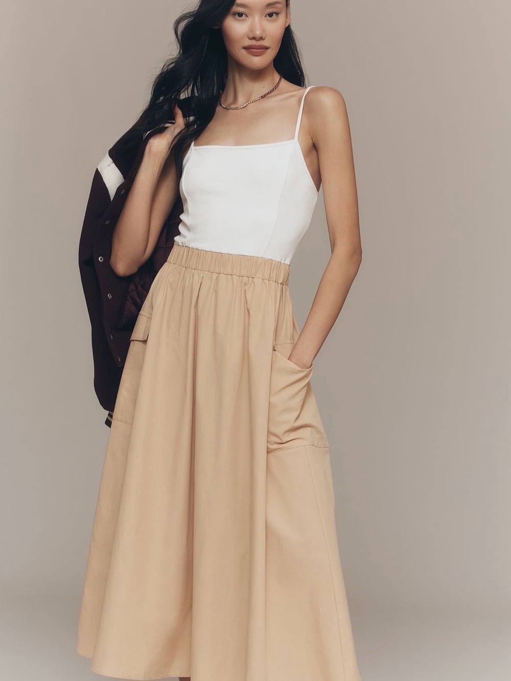 NWT, Anthropologie A-Line Midi Dress with cargo pockets, khaki and white, Small